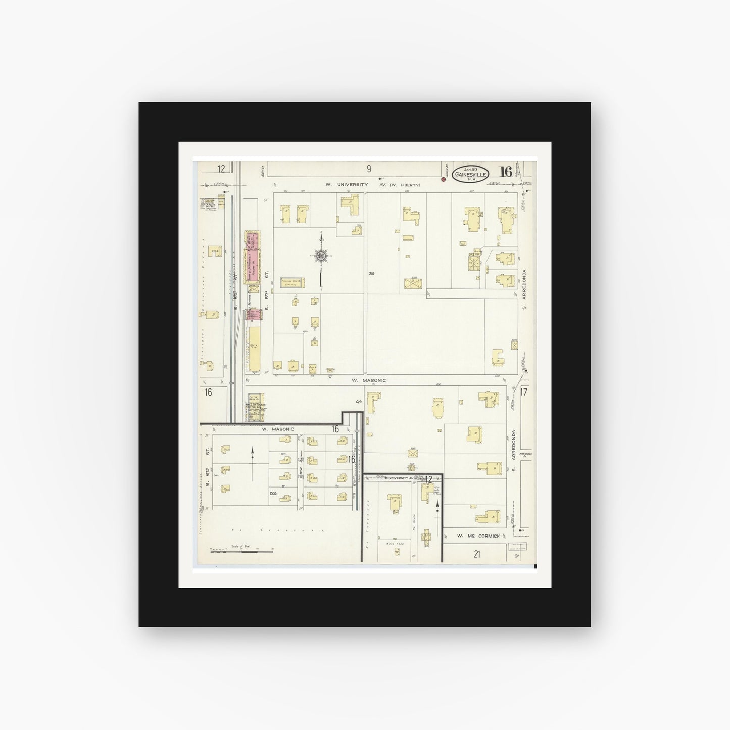 Old map wall art mockup — black gallery frame with white mat — Sanborn Fire Insurance Map from Gainesville, Alachua County, Florida (1913), Sheet #0016
