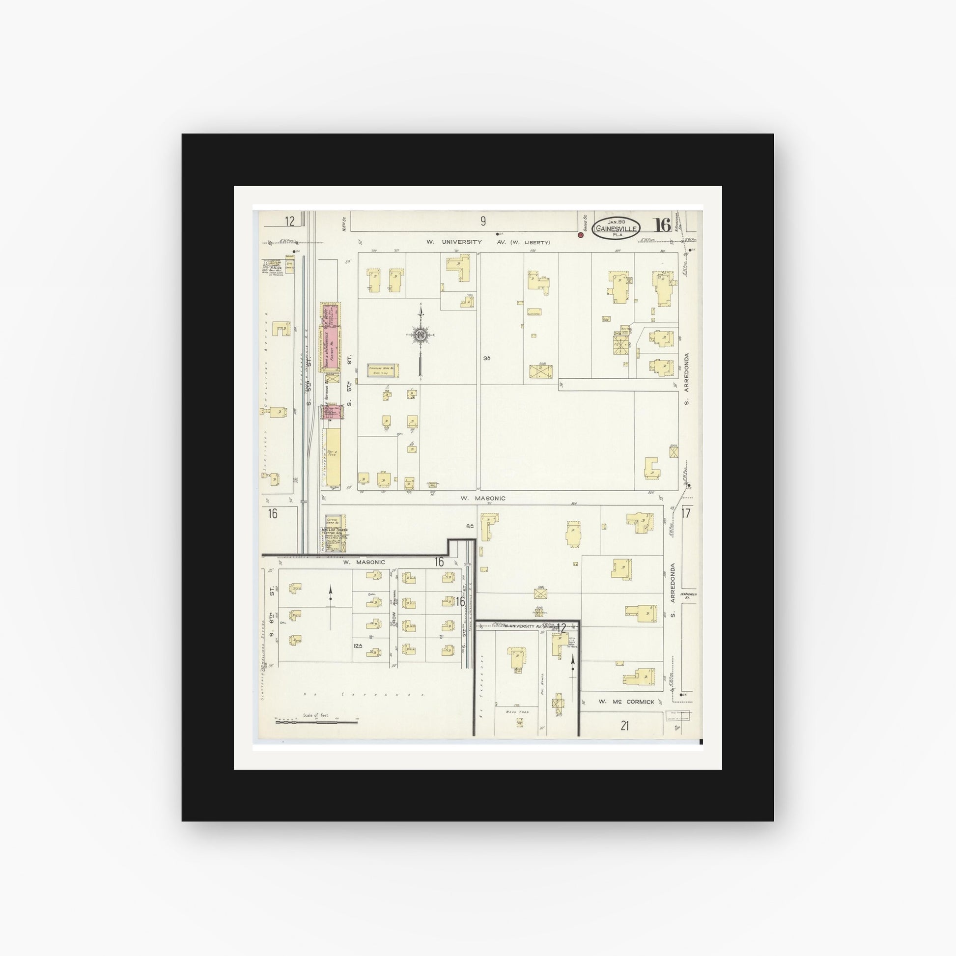 Old map wall art mockup — black gallery frame with white mat — Sanborn Fire Insurance Map from Gainesville, Alachua County, Florida (1913), Sheet #0016