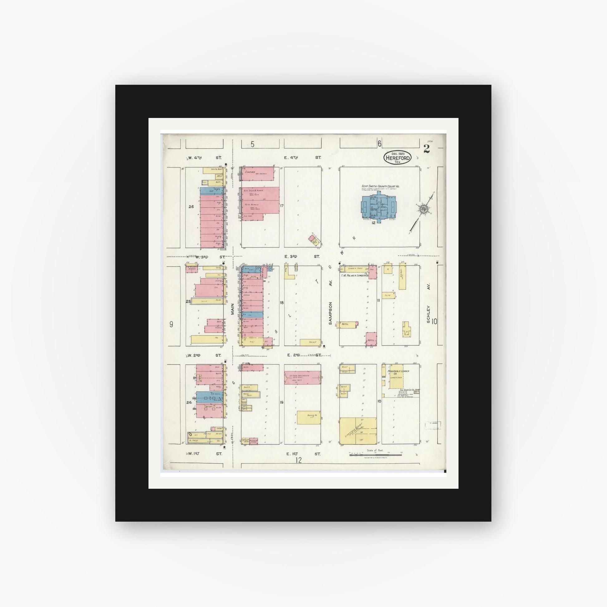 Old map wall art mockup — black gallery frame with white mat — Sanborn Fire Insurance Map from Hereford, Deaf Smith County, Texas (1920), Sheet #0002