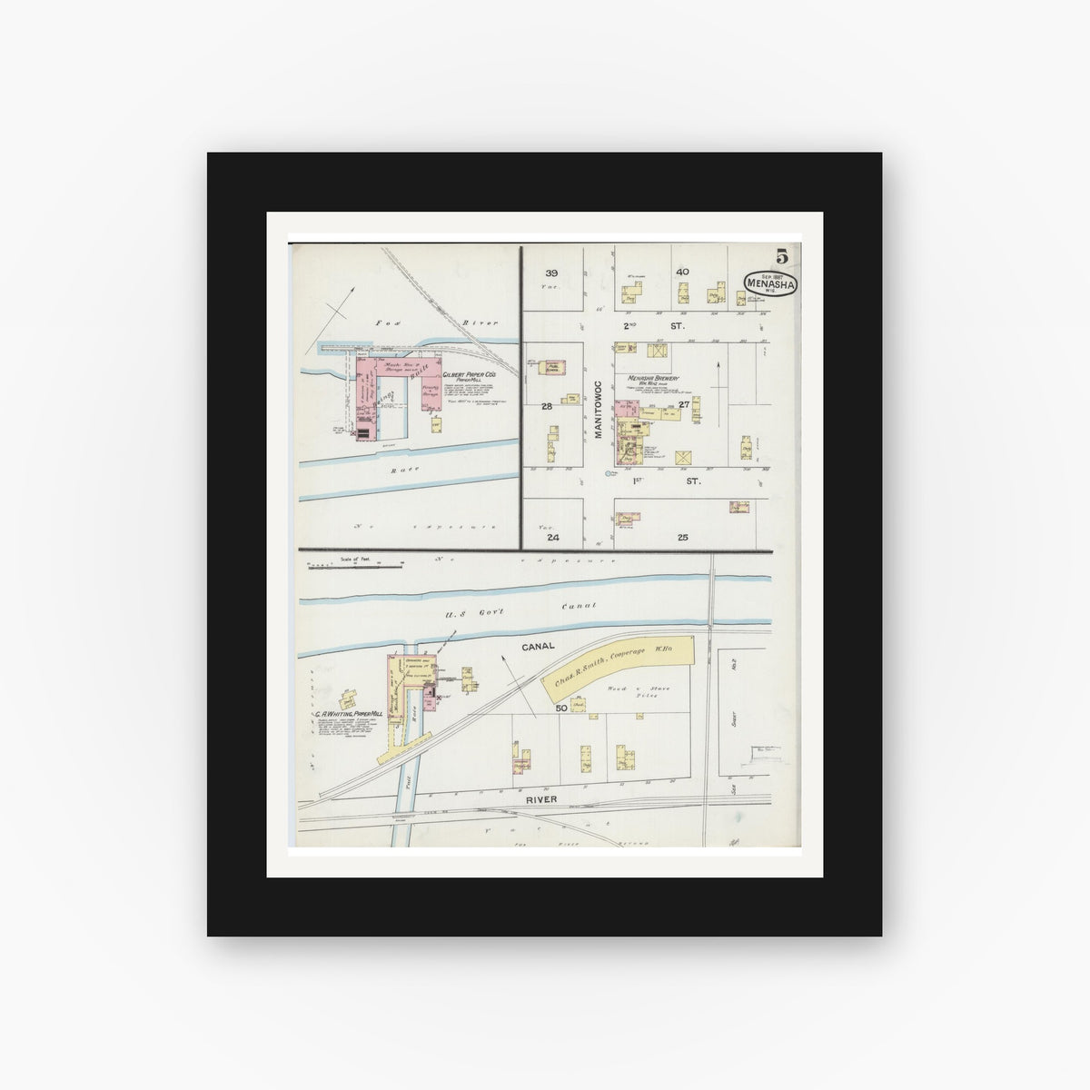 Old map wall art mockup — black gallery frame with white mat — Sanborn Fire Insurance Map from Menasha, Winnebago County, Wisconsin (1887), Sheet #0005