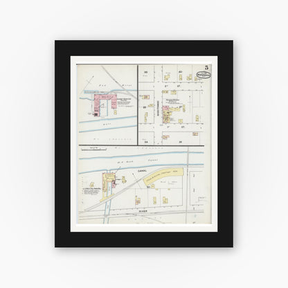 Old map wall art mockup — black gallery frame with white mat — Sanborn Fire Insurance Map from Menasha, Winnebago County, Wisconsin (1887), Sheet #0005