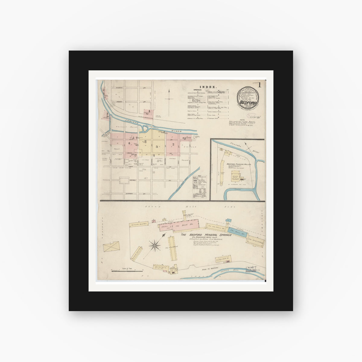 Old map wall art mockup — black gallery frame with white mat — Sanborn Fire Insurance Map from Bedford, Bedford County, Pennsylvania (1885), Sheet #0001