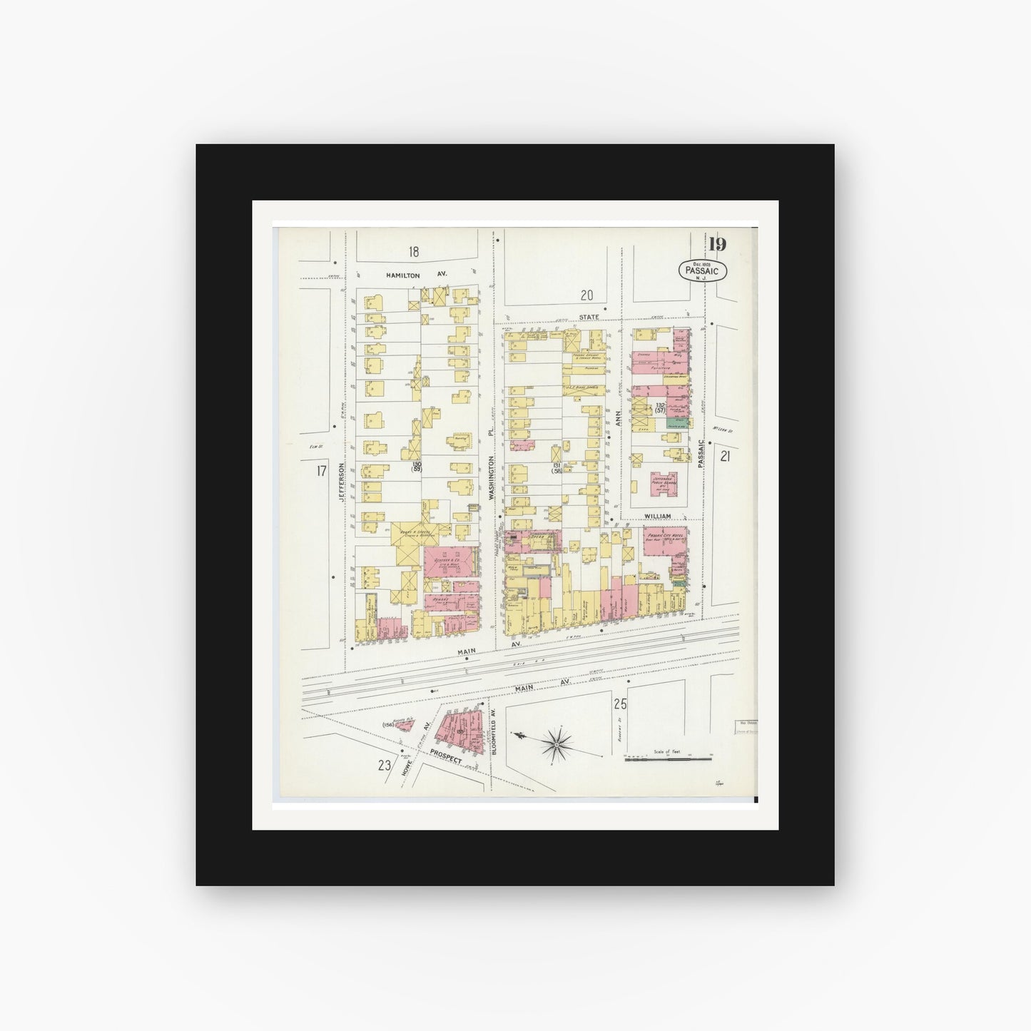 Old map wall art mockup — black gallery frame with white mat — Sanborn Fire Insurance Map from Passaic, Passaic County, New Jersey (1903), Sheet #0019