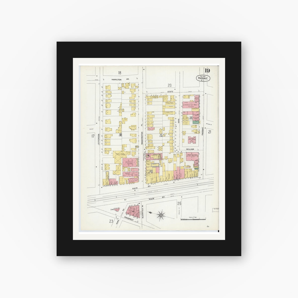 Old map wall art mockup — black gallery frame with white mat — Sanborn Fire Insurance Map from Passaic, Passaic County, New Jersey (1903), Sheet #0019