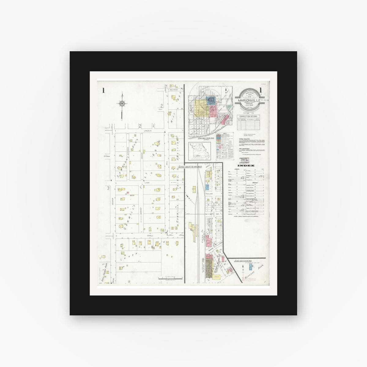 Old map wall art mockup — black gallery frame with white mat — Sanborn Fire Insurance Map from Marionville, Lawrence County, Missouri (1938) - Complete Map Set