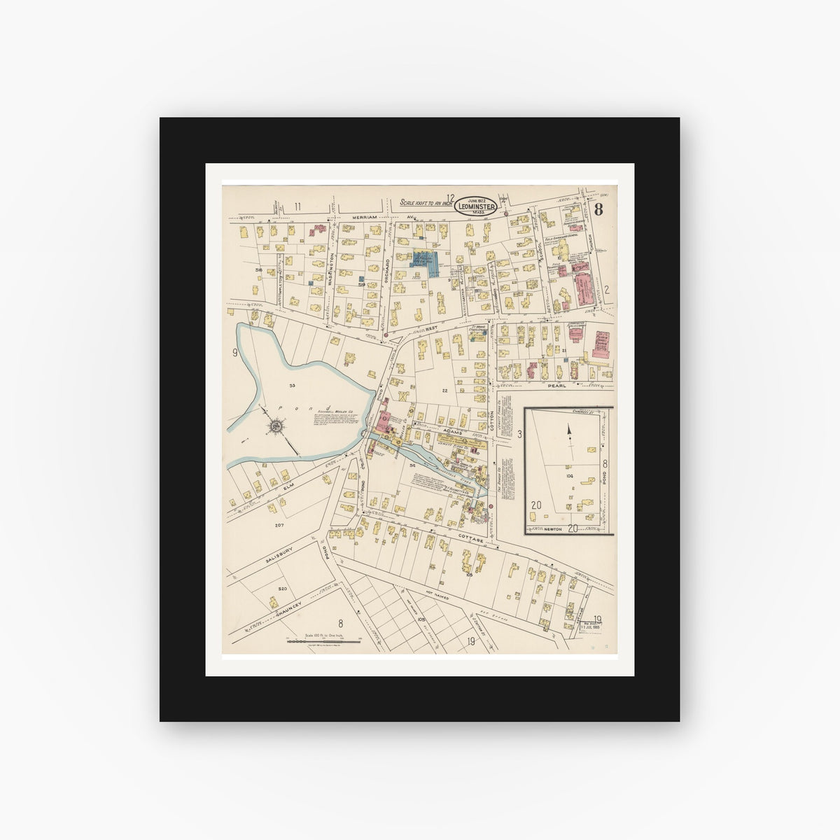 Old map wall art mockup — black gallery frame with white mat — Sanborn Fire Insurance Map from Leominster, Worcester County, Massachusetts (1922), Sheet #0008