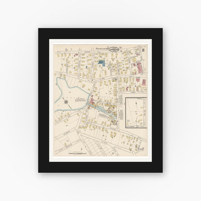 Old map wall art mockup — black gallery frame with white mat — Sanborn Fire Insurance Map from Leominster, Worcester County, Massachusetts (1922), Sheet #0008