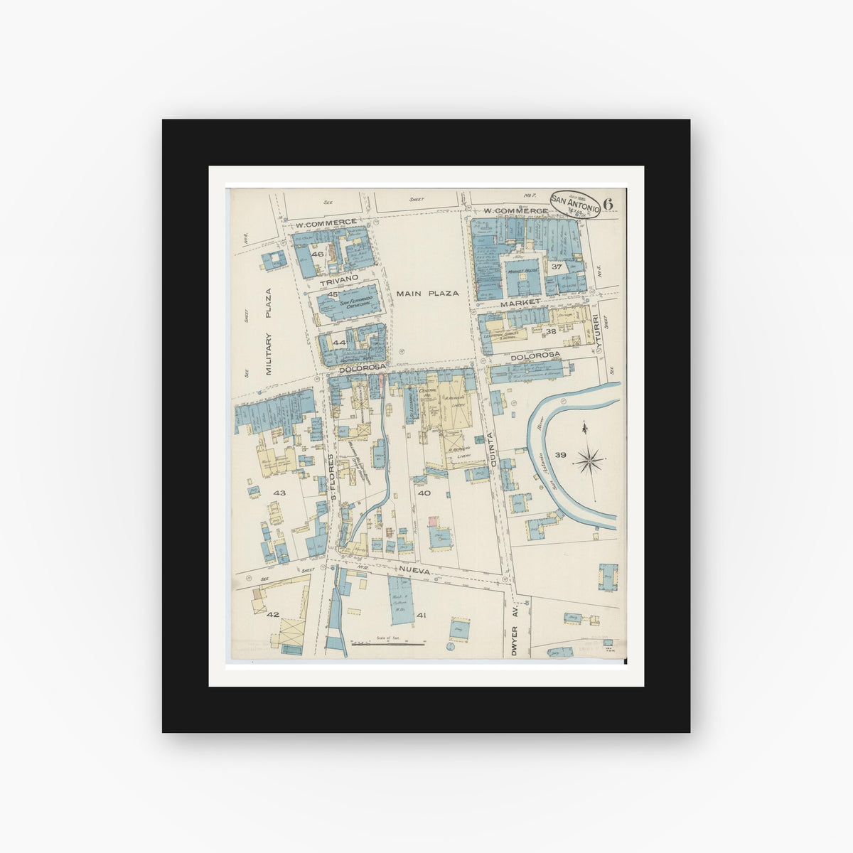 Old map wall art mockup — black gallery frame with white mat — Sanborn Fire Insurance Map from San Antonio, Bexar County, Texas (1885), Sheet #0006
