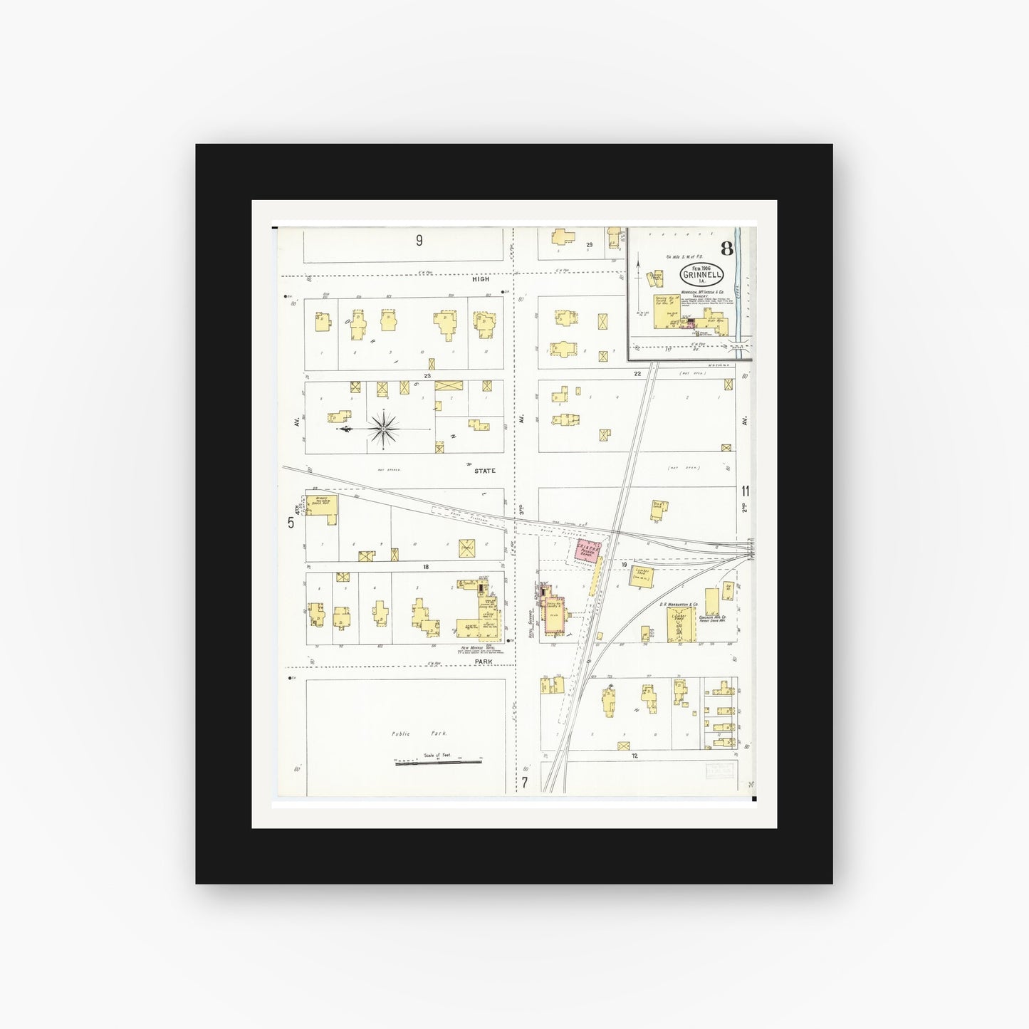 Old map wall art mockup — black gallery frame with white mat — Sanborn Fire Insurance Map from Grinnell, Poweshiek County, Iowa (1906), Sheet #0008