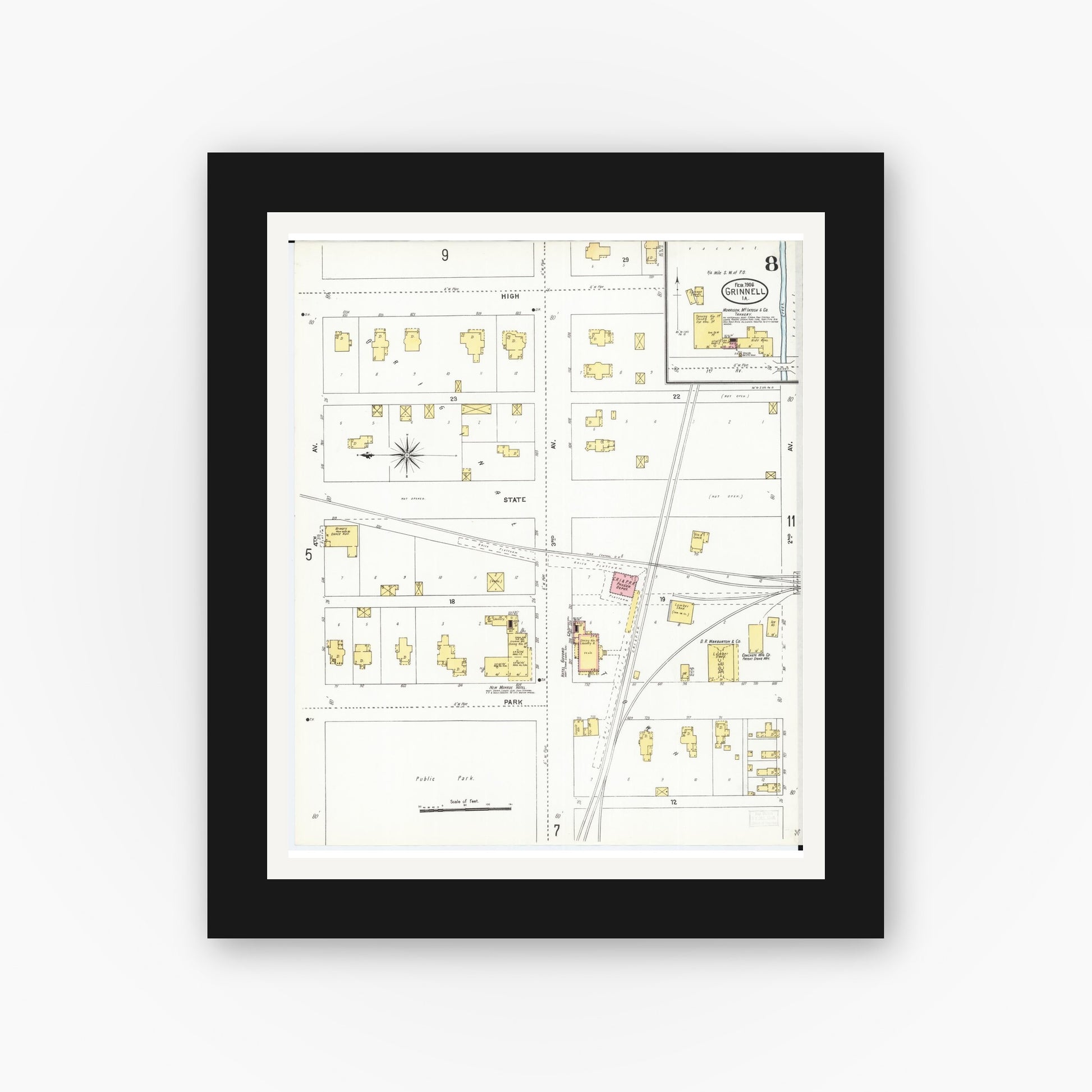 Old map wall art mockup — black gallery frame with white mat — Sanborn Fire Insurance Map from Grinnell, Poweshiek County, Iowa (1906), Sheet #0008