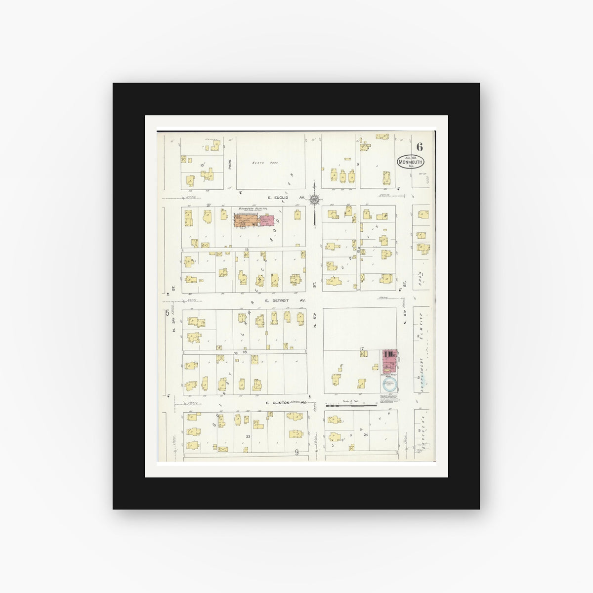 Old map wall art mockup — black gallery frame with white mat — Sanborn Fire Insurance Map from Monmouth, Warren County, Illinois (1913), Sheet #0006