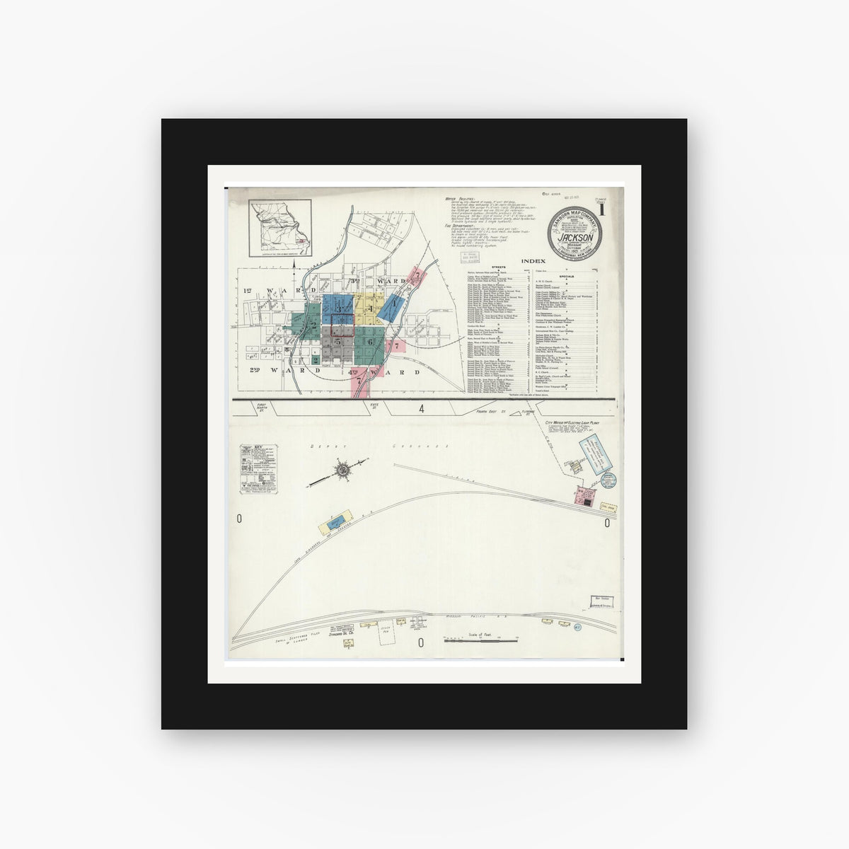 Old map wall art mockup — black gallery frame with white mat — Sanborn Fire Insurance Map from Jackson, Cape Girardeau County, Missouri (1921) - Complete Map Set