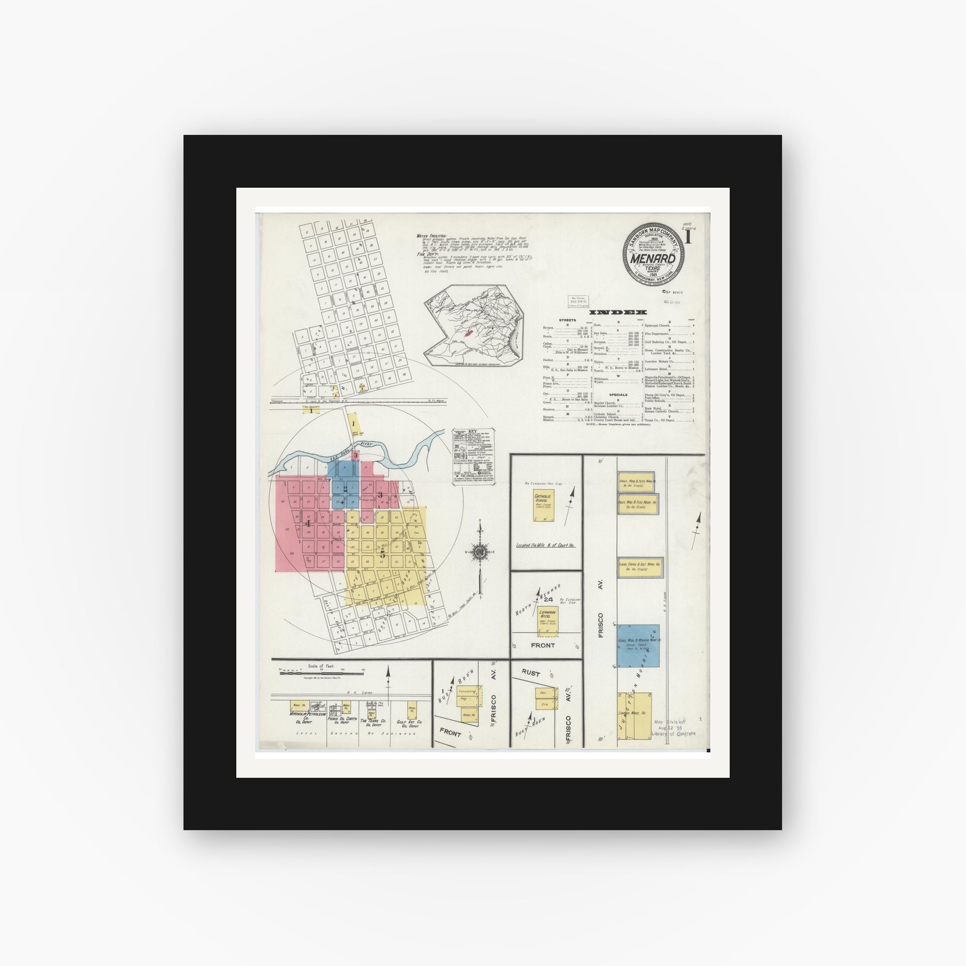 Old map wall art mockup — black gallery frame with white mat — Sanborn Fire Insurance Map from Menard, Menard County, Texas (1921) - Complete Map Set