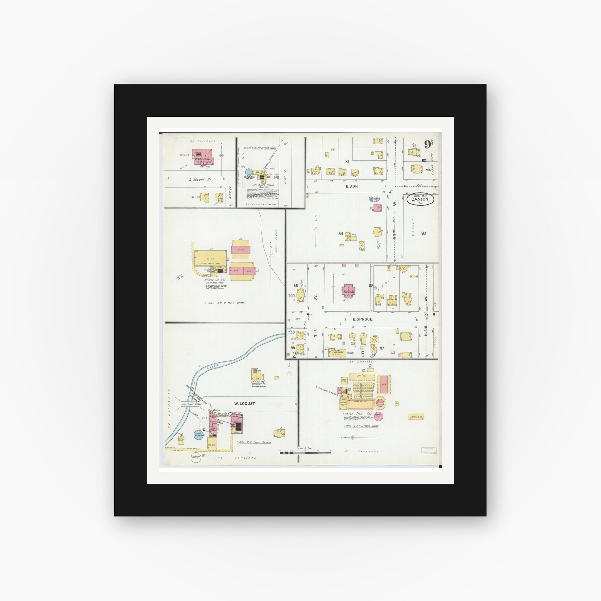 Old map wall art mockup — black gallery frame with white mat — Sanborn Fire Insurance Map from Canton, Fulton County, Illinois (1902), Sheet #0009