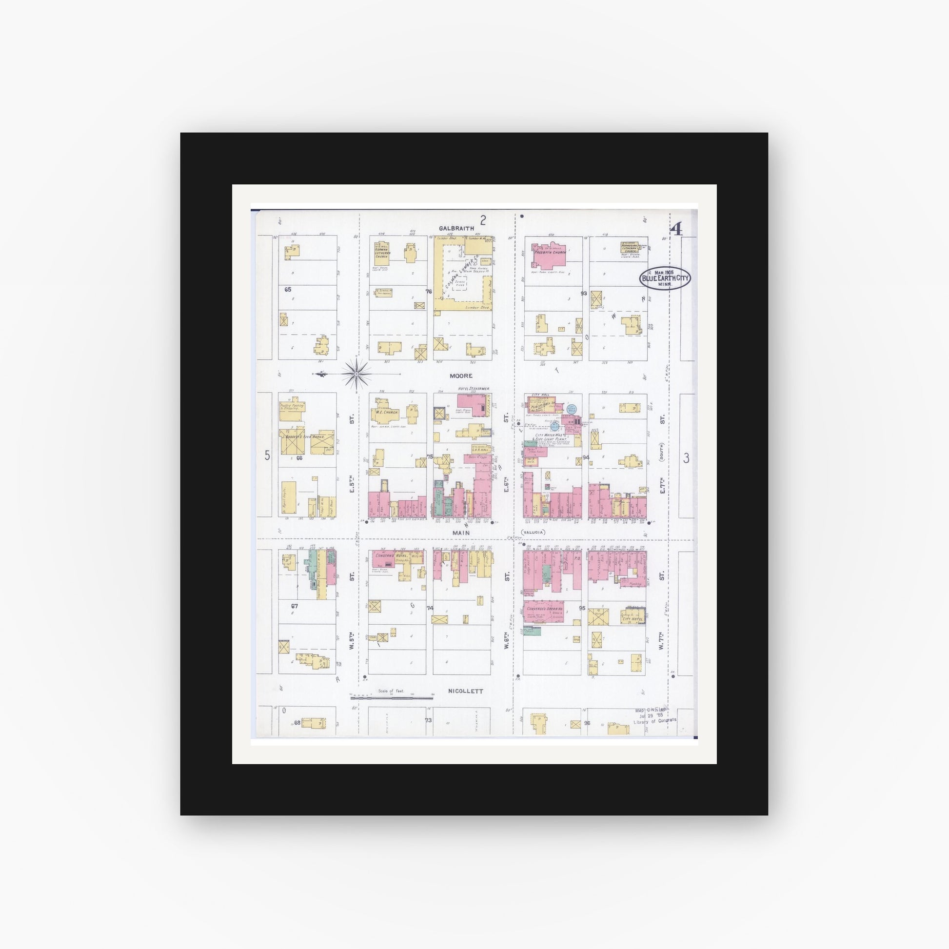 Old map wall art mockup — black gallery frame with white mat — Sanborn Fire Insurance Map from Blue Earth, Faribault County, Minnesota (1905), Sheet #0004