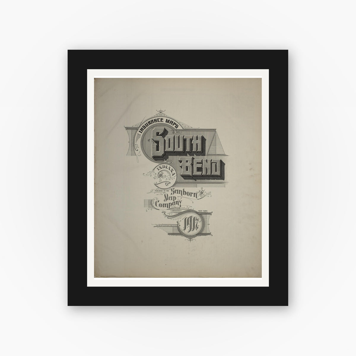 Old map wall art mockup — black gallery frame with white mat — Sanborn Fire Insurance Map from South Bend, Saint Joseph County, Indiana (1917), Sheet #0001