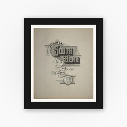 Old map wall art mockup — black gallery frame with white mat — Sanborn Fire Insurance Map from South Bend, Saint Joseph County, Indiana (1917), Sheet #0001
