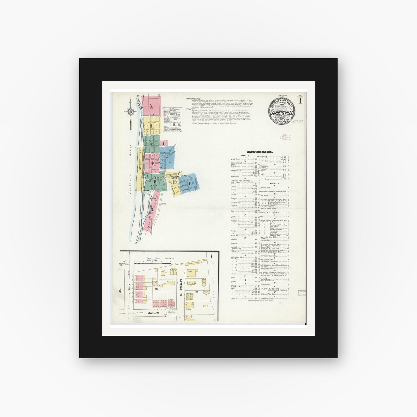 Old map wall art mockup — black gallery frame with white mat — Sanborn Fire Insurance Map from Lambertville, Hunterdon County, New Jersey (1912) - Complete Map Set