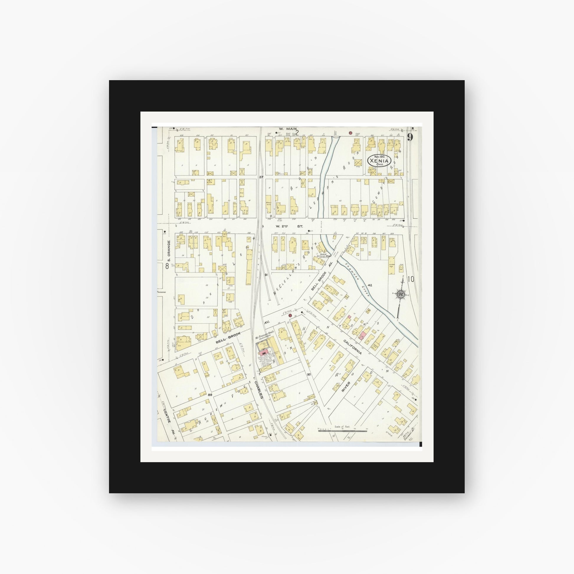 Old map wall art mockup — black gallery frame with white mat — Sanborn Fire Insurance Map from Xenia, Greene County, Ohio (1910), Sheet #0009