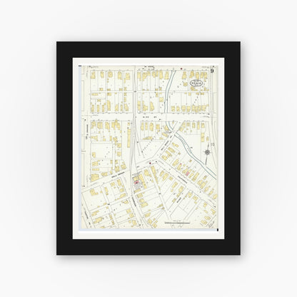Old map wall art mockup — black gallery frame with white mat — Sanborn Fire Insurance Map from Xenia, Greene County, Ohio (1910), Sheet #0009