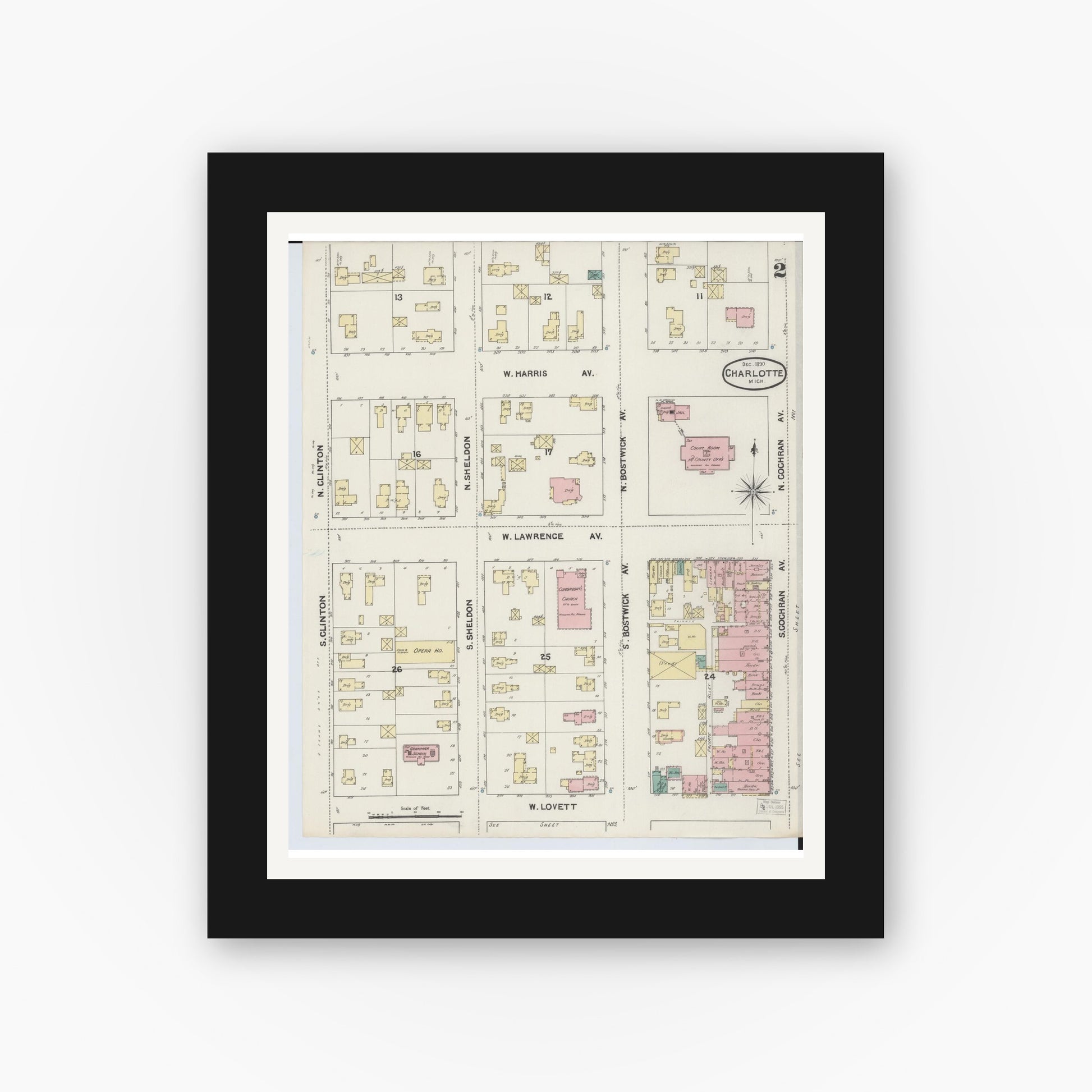 Old map wall art mockup — black gallery frame with white mat — Sanborn Fire Insurance Map from Charlotte, Eaton County, Michigan (1890), Sheet #0002