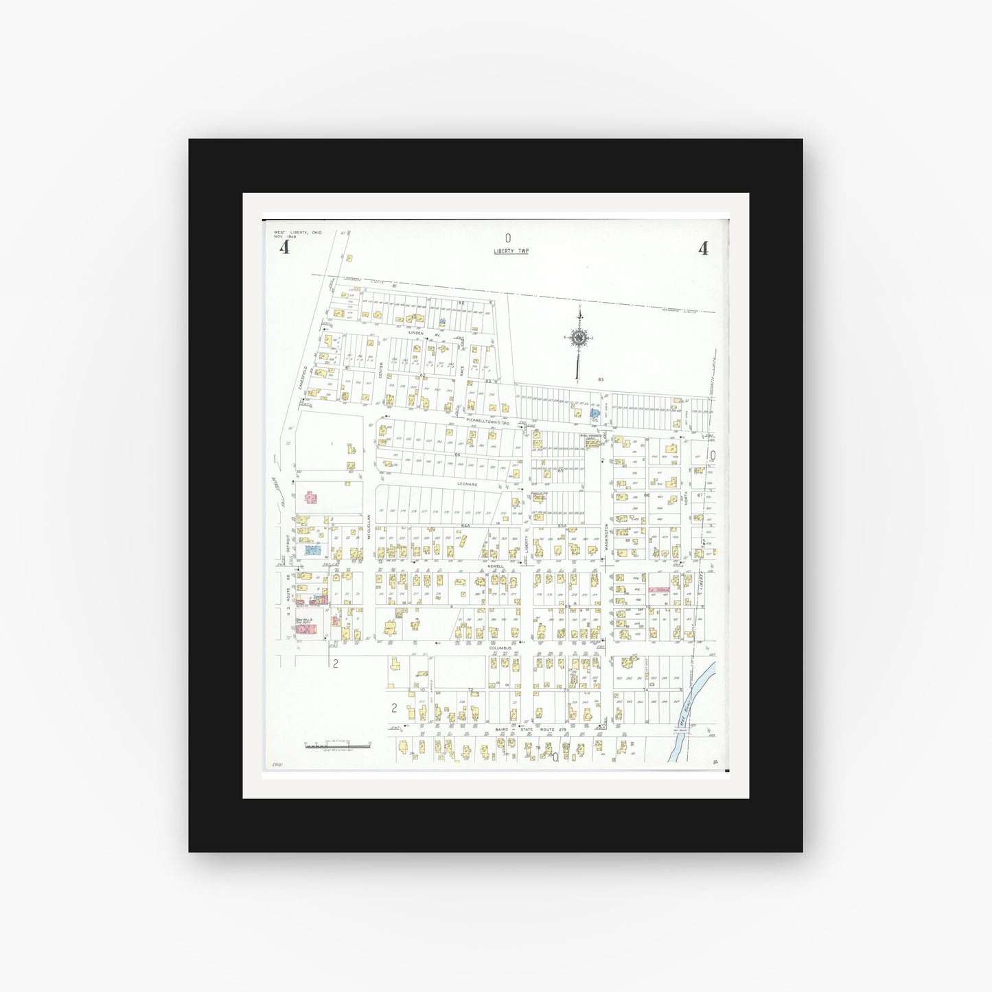 Old map wall art mockup — black gallery frame with white mat — Sanborn Fire Insurance Map from West Liberty, Logan County, Ohio (1948), Sheet #0004