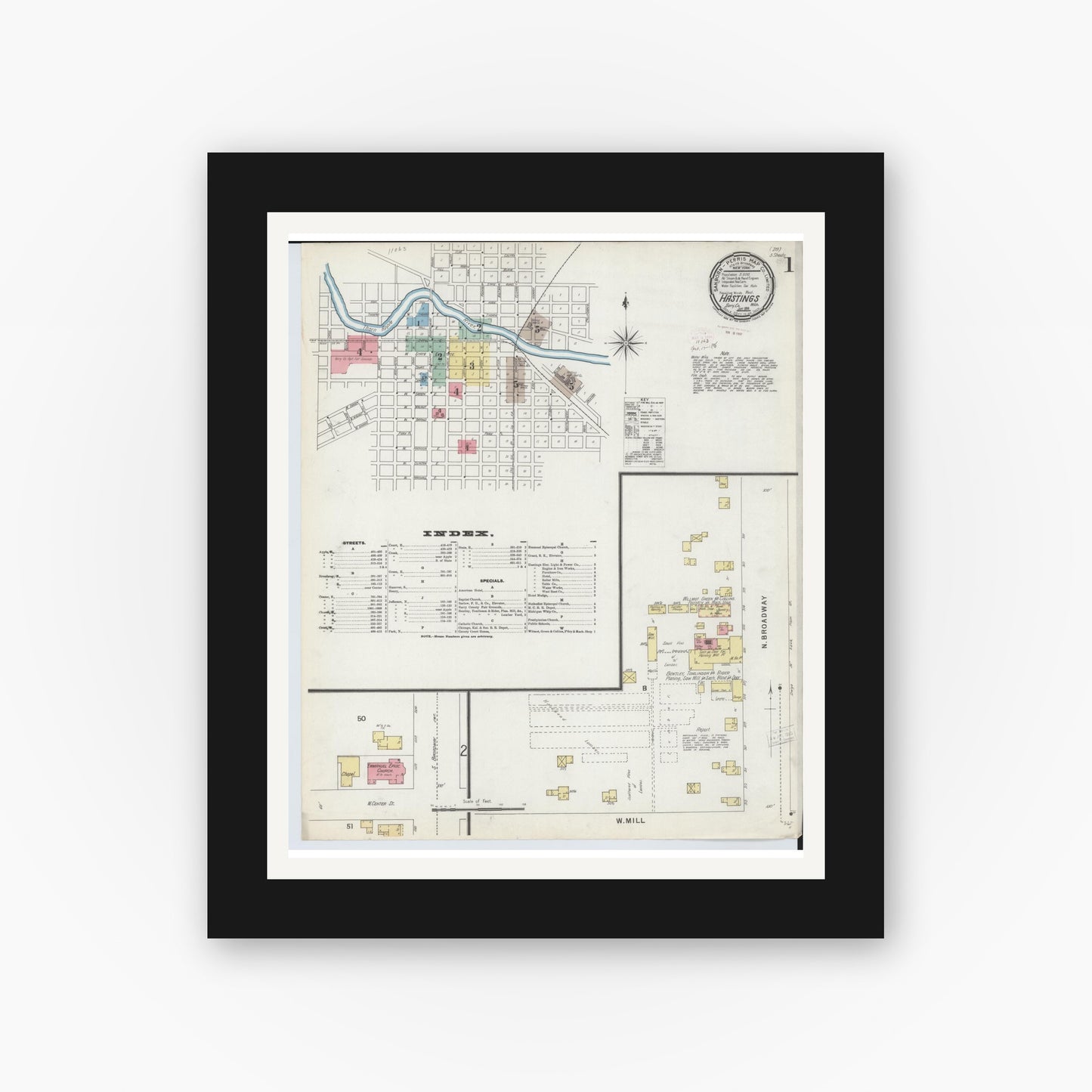Old map wall art mockup — black gallery frame with white mat — Sanborn Fire Insurance Map from Hastings, Barry County, Michigan (1896) - Complete Map Set