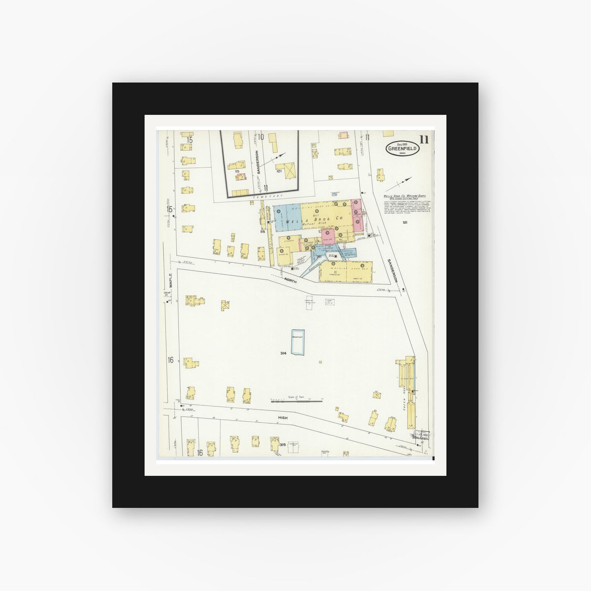 Old map wall art mockup — black gallery frame with white mat — Sanborn Fire Insurance Map from Greenfield, Franklin County, Massachusetts (1909), Sheet #0011