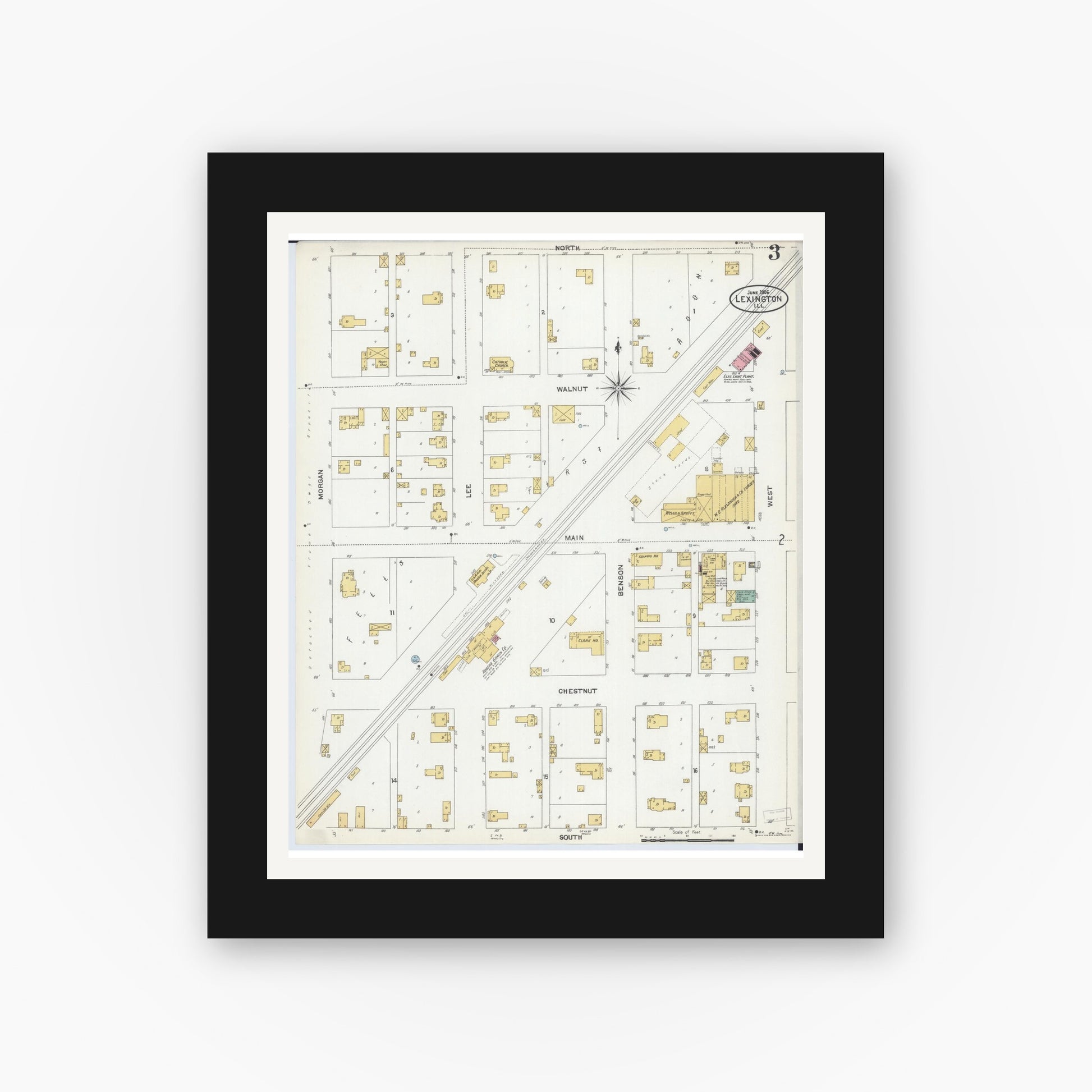 Old map wall art mockup — black gallery frame with white mat — Sanborn Fire Insurance Map from Lexington, McLean County, Illinois (1906), Sheet #0003