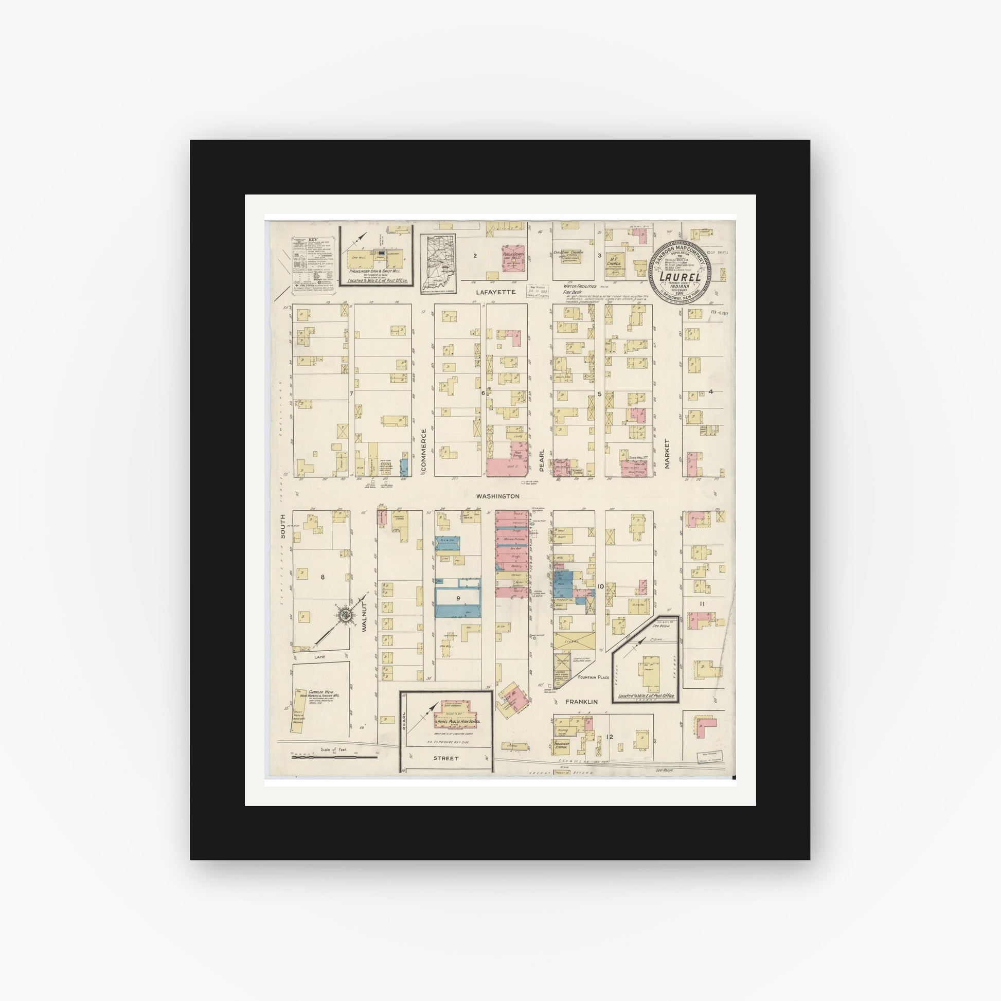 Old map wall art mockup — black gallery frame with white mat — Sanborn Fire Insurance Map from Laurel, Franklin County, Indiana (1916), Sheet #0001