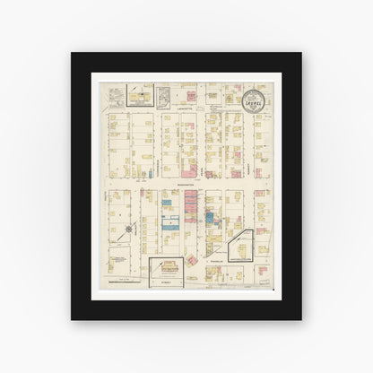 Old map wall art mockup — black gallery frame with white mat — Sanborn Fire Insurance Map from Laurel, Franklin County, Indiana (1916), Sheet #0001