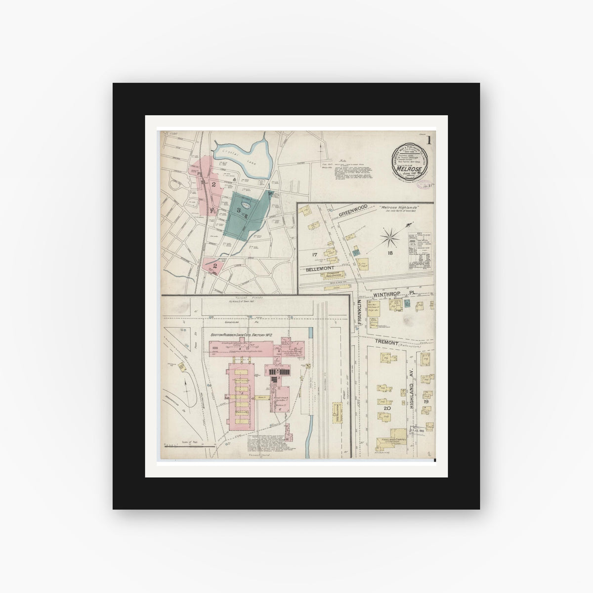 Old map wall art mockup — black gallery frame with white mat — Sanborn Fire Insurance Map from Melrose, Middlesex County, Massachusetts (1887) - Complete Map Set