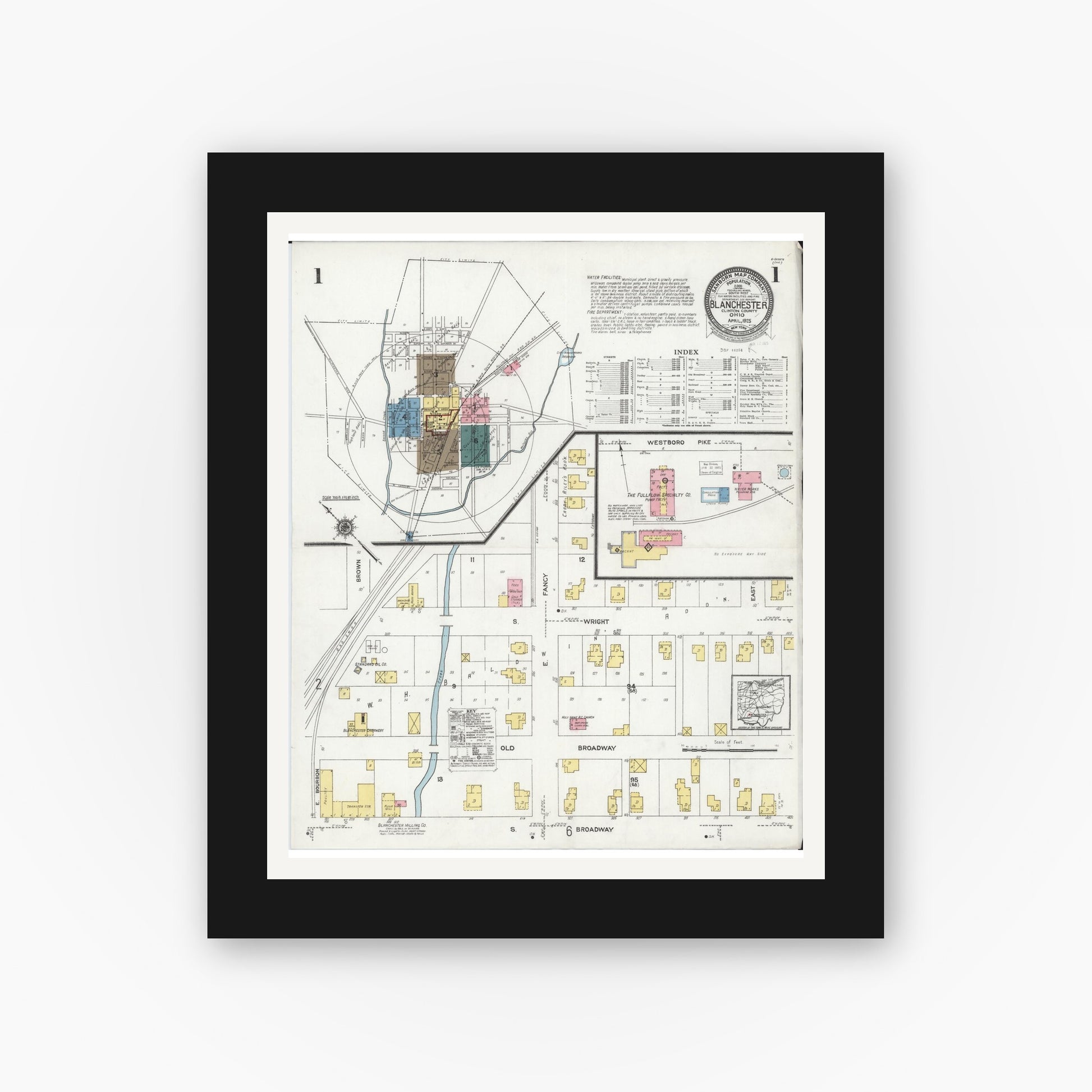 Old map wall art mockup — black gallery frame with white mat — Sanborn Fire Insurance Map from Blanchester, Clinton County, Ohio (1925), Sheet #0001