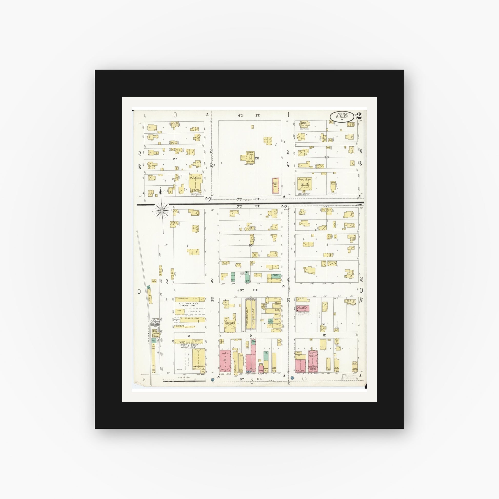 Old map wall art mockup — black gallery frame with white mat — Sanborn Fire Insurance Map from Sibley, Osceola County, Iowa (1900), Sheet #0002