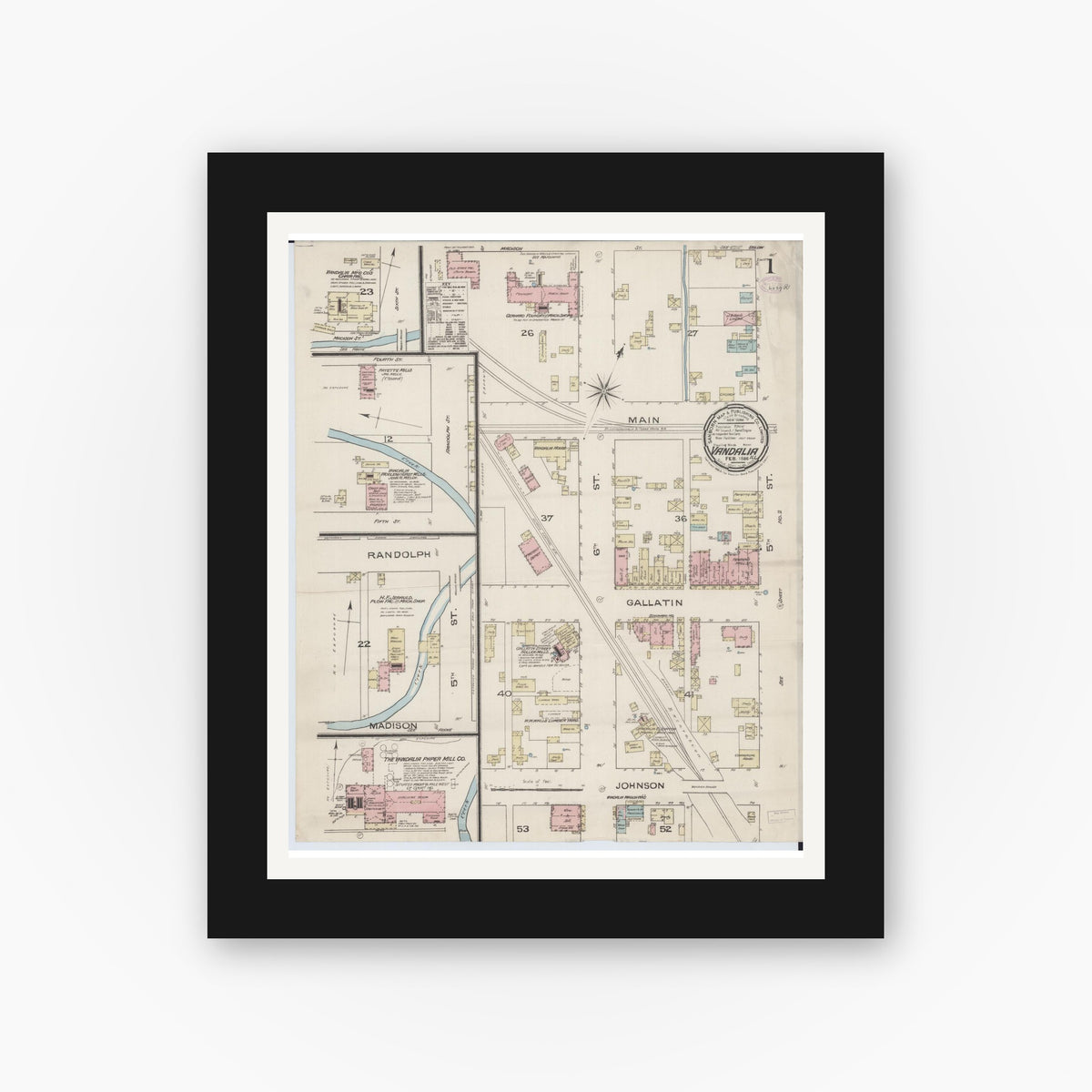 Old map wall art mockup — black gallery frame with white mat — Sanborn Fire Insurance Map from Vandalia, Fayette County, Illinois (1886), Sheet #0001