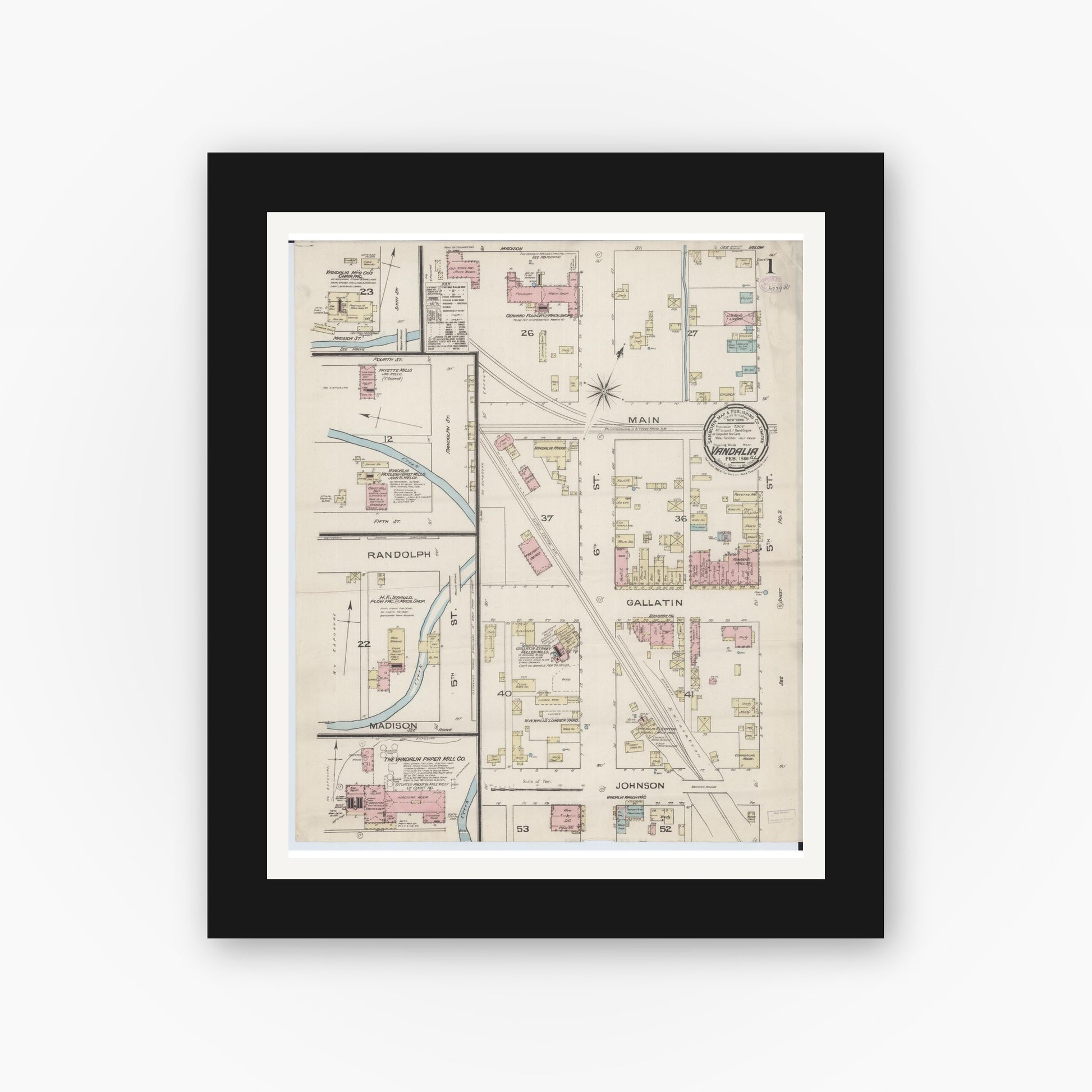 Old map wall art mockup — black gallery frame with white mat — Sanborn Fire Insurance Map from Vandalia, Fayette County, Illinois (1886), Sheet #0001