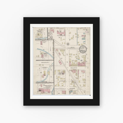 Old map wall art mockup — black gallery frame with white mat — Sanborn Fire Insurance Map from Vandalia, Fayette County, Illinois (1886), Sheet #0001