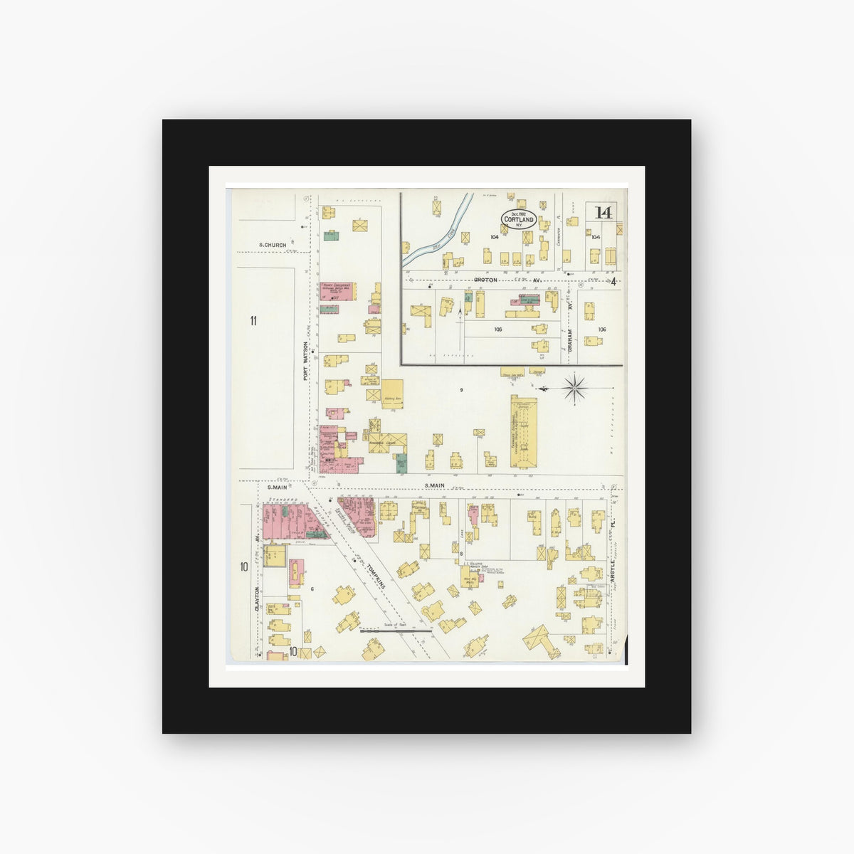 Old map wall art mockup — black gallery frame with white mat — Sanborn Fire Insurance Map from Cortland, Cortland County, New York (1902), Sheet #0014