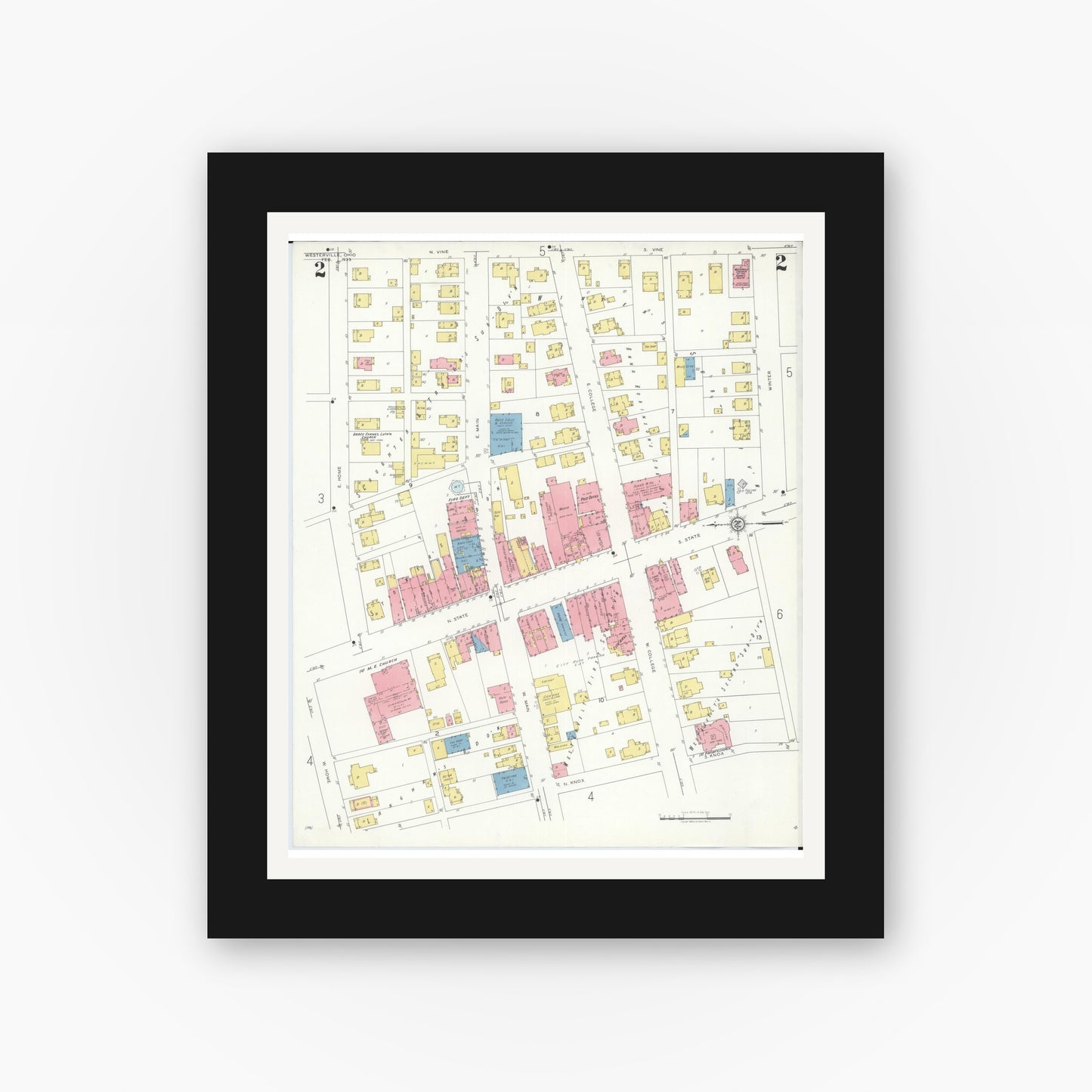 Old map wall art mockup — black gallery frame with white mat — Sanborn Fire Insurance Map from Westerville, Franklin County, Ohio (1933), Sheet #0002