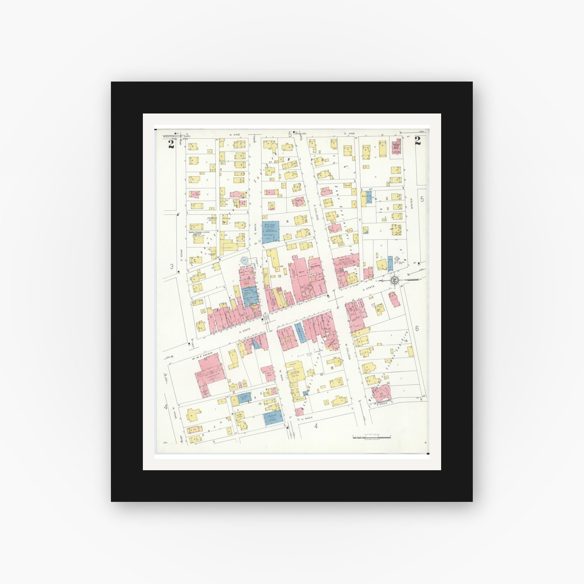 Old map wall art mockup — black gallery frame with white mat — Sanborn Fire Insurance Map from Westerville, Franklin County, Ohio (1933), Sheet #0002
