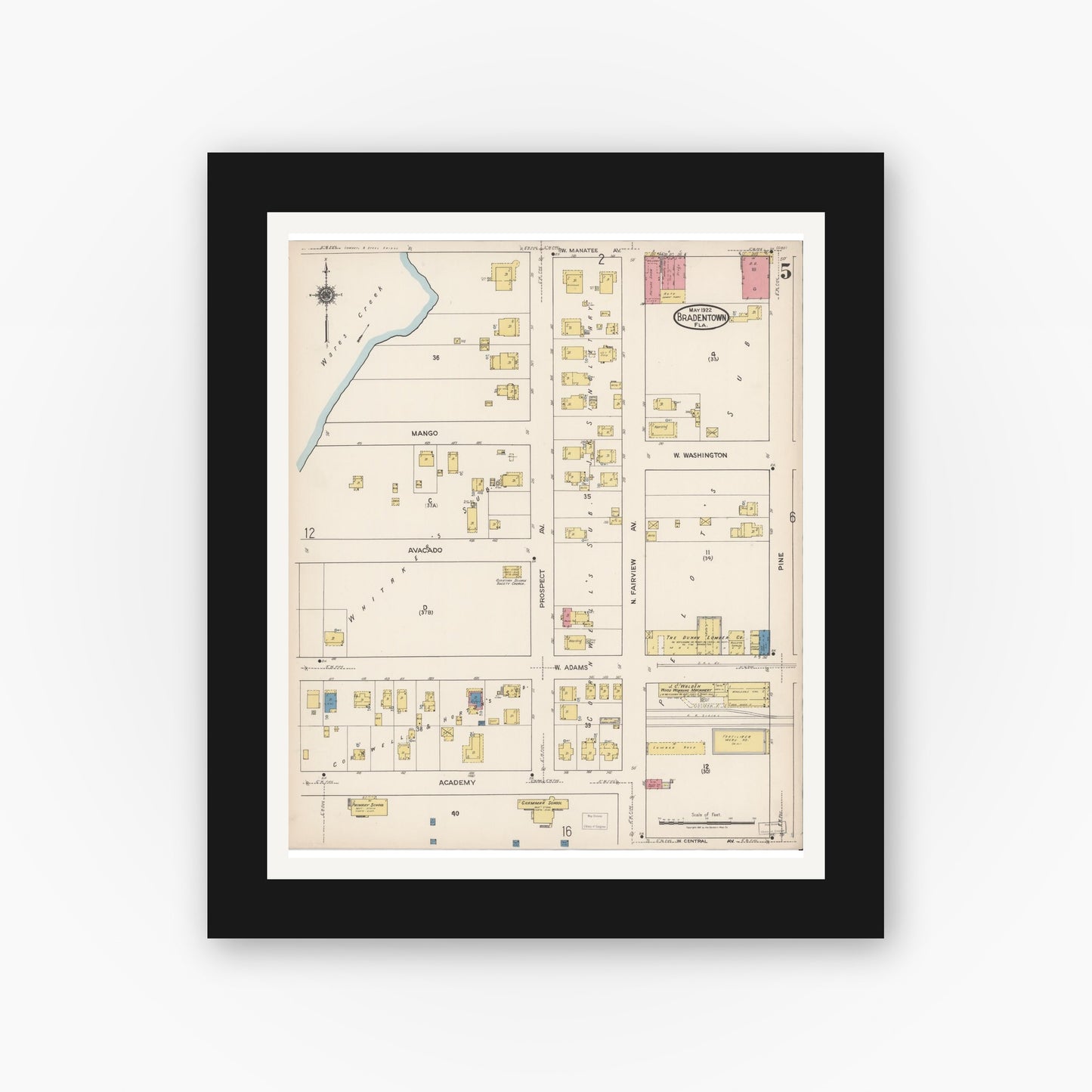 Old map wall art mockup — black gallery frame with white mat — Sanborn Fire Insurance Map from Bradentown, Manatee County, Florida (1922), Sheet #0005