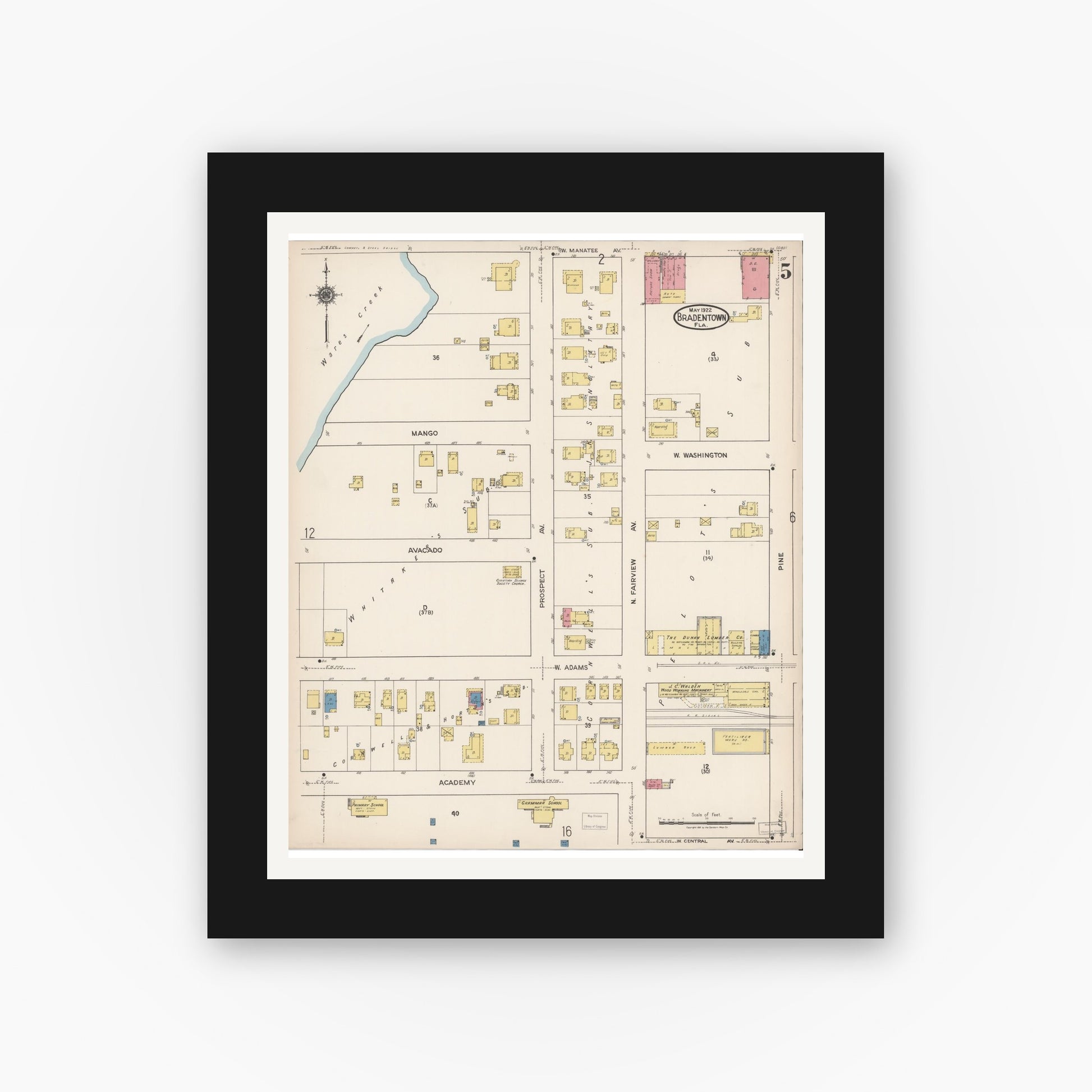 Old map wall art mockup — black gallery frame with white mat — Sanborn Fire Insurance Map from Bradentown, Manatee County, Florida (1922), Sheet #0005