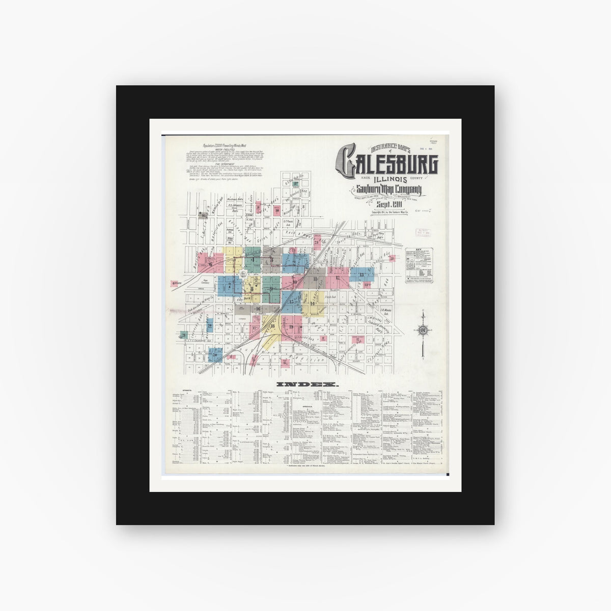 Old map wall art mockup — black gallery frame with white mat — Sanborn Fire Insurance Map from Galesburg, Knox County, Illinois (1911) - Complete Map Set