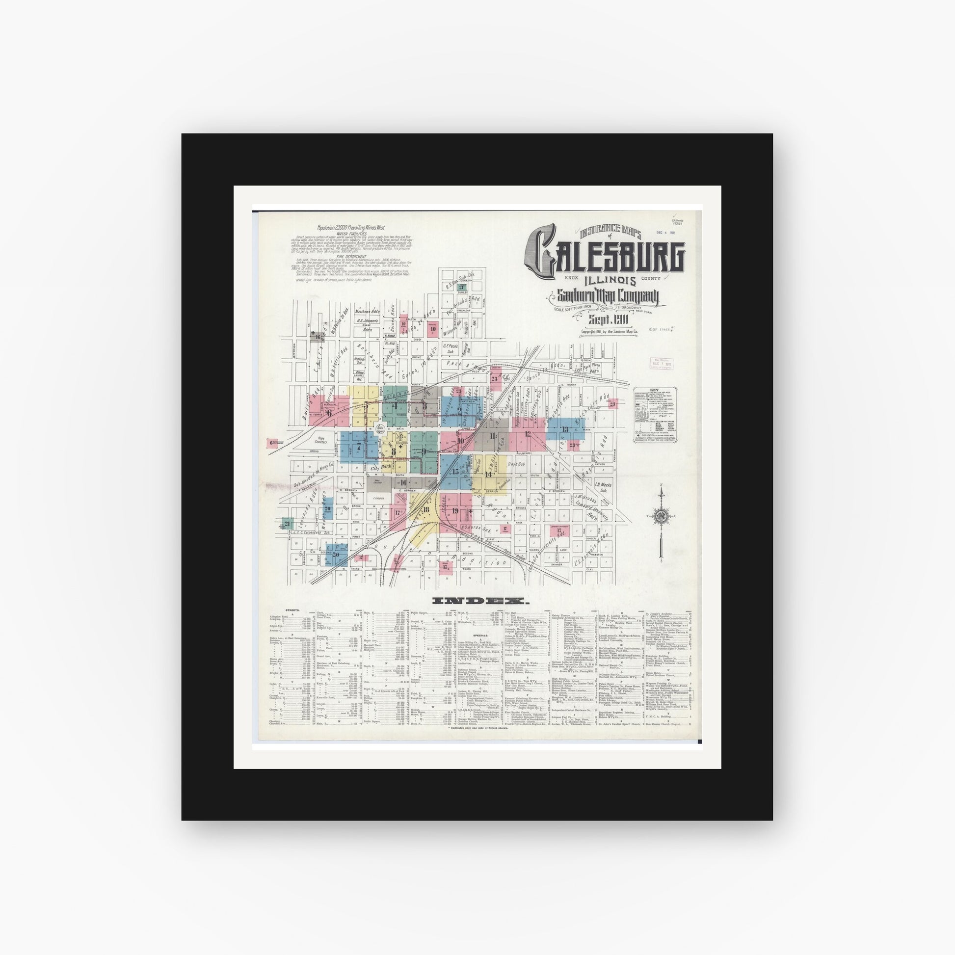 Old map wall art mockup — black gallery frame with white mat — Sanborn Fire Insurance Map from Galesburg, Knox County, Illinois (1911) - Complete Map Set