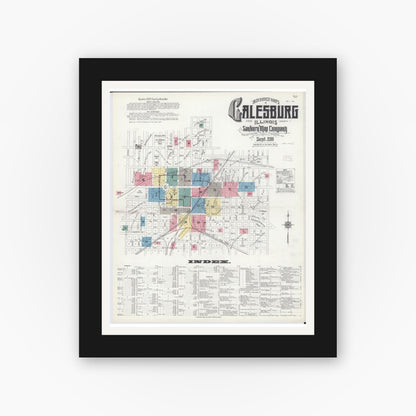 Old map wall art mockup — black gallery frame with white mat — Sanborn Fire Insurance Map from Galesburg, Knox County, Illinois (1911) - Complete Map Set