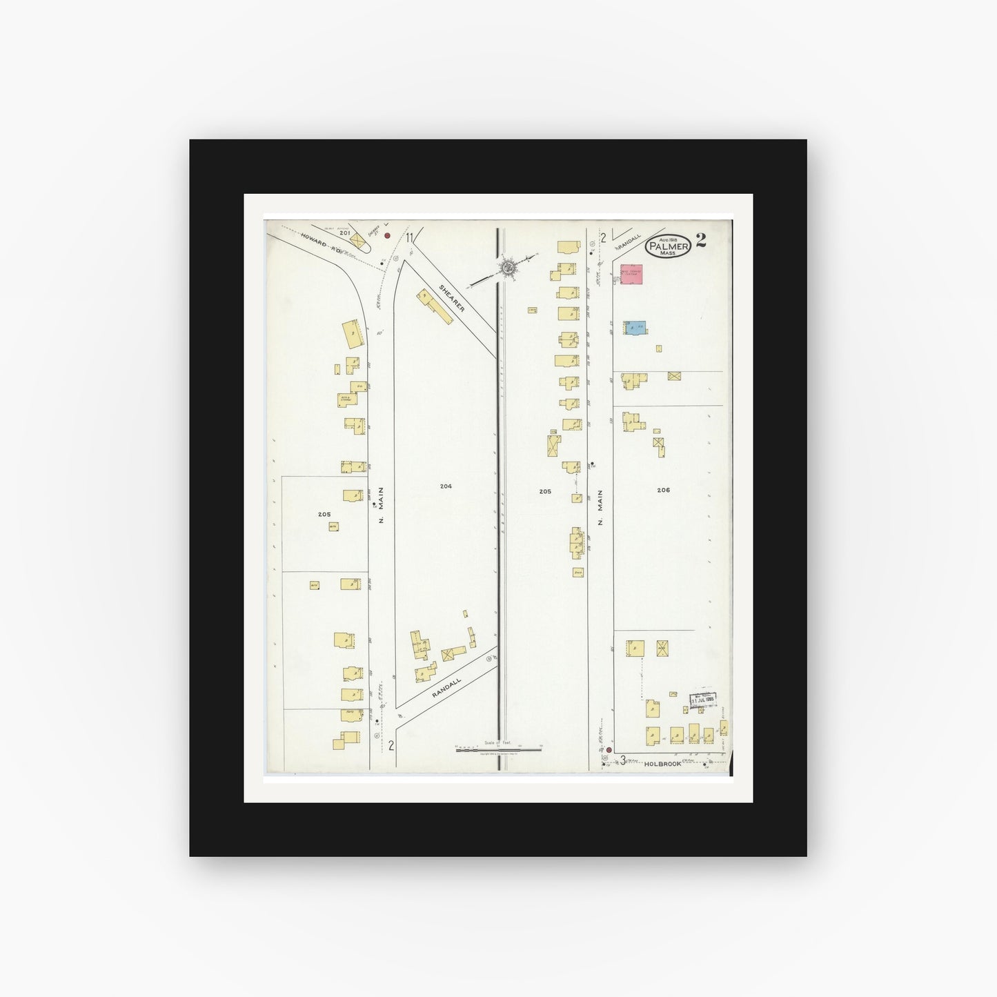 Old map wall art mockup — black gallery frame with white mat — Sanborn Fire Insurance Map from Palmer, Hampden County, Massachusetts (1918), Sheet #0002