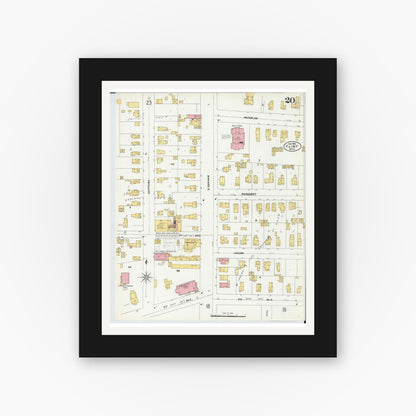Old map wall art mockup — black gallery frame with white mat — Sanborn Fire Insurance Map from Flint, Genesee County, Michigan (1902), Sheet #0020