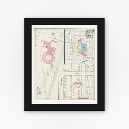 Old map wall art mockup — black gallery frame with white mat — Sanborn Fire Insurance Map from Amboy, Lee County, Illinois (1885), Sheet #0001