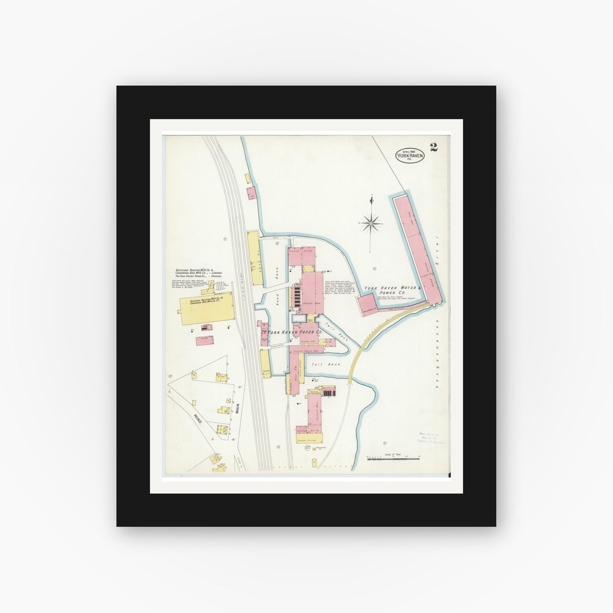 Old map wall art mockup — black gallery frame with white mat — Sanborn Fire Insurance Map from York Haven, York County, Pennsylvania (1908), Sheet #0002