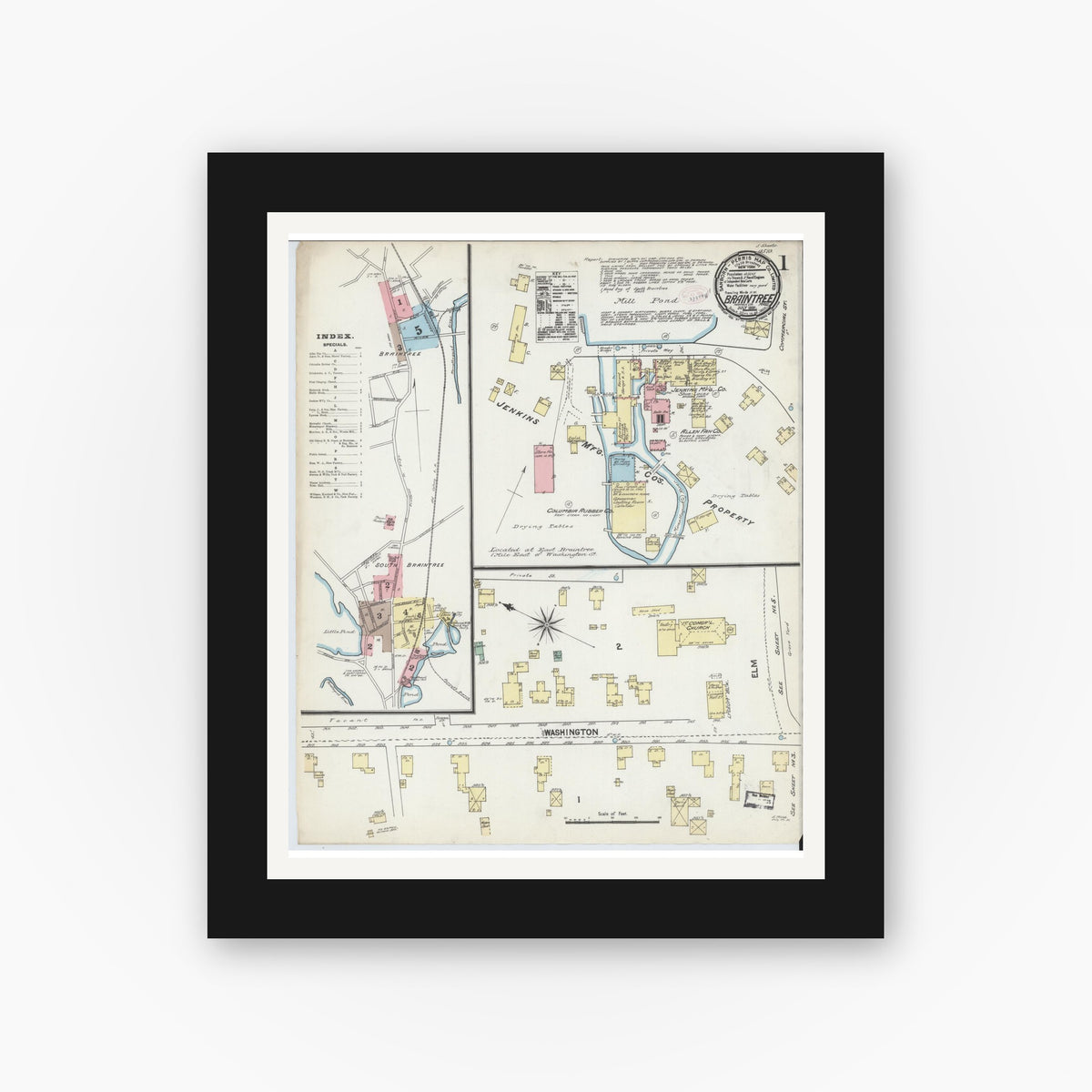 Old map wall art mockup — black gallery frame with white mat — Sanborn Fire Insurance Map from Braintree, Norfolk County, Massachusetts (1891), Sheet #0001